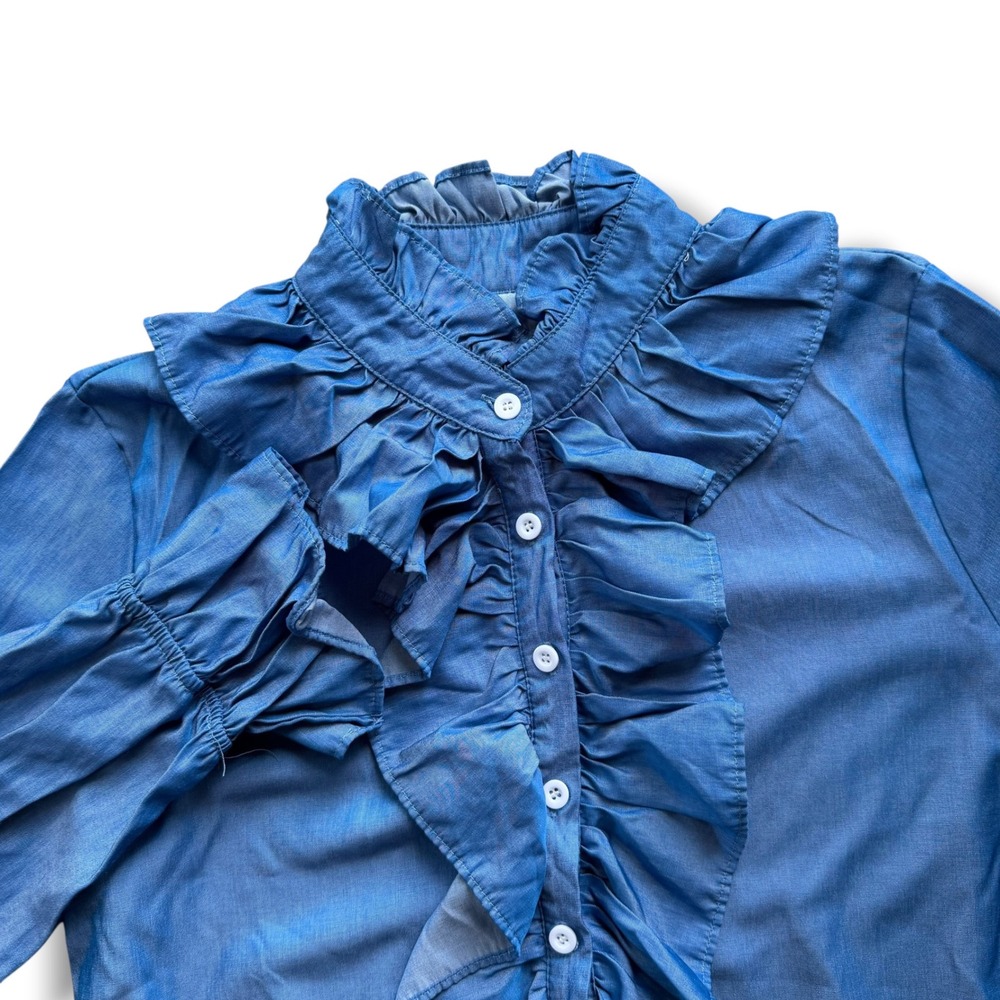 Womens XL Blue Chambray Ruffle Front High Neck Long Sleeve Blouse Victorian Chic